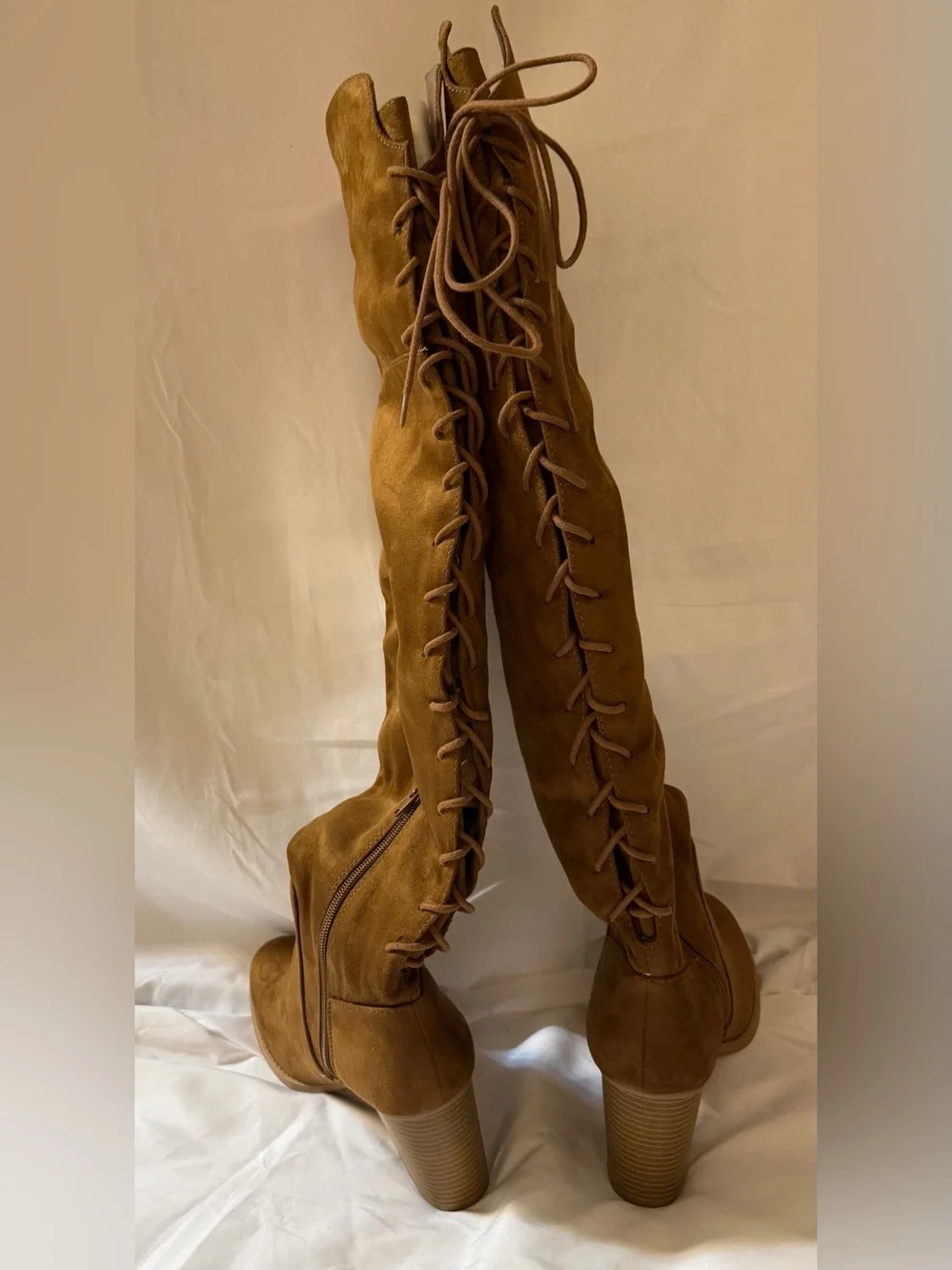 Soda Tan Suede-Look Over-the-Knee Lace-Up Block Heel Boots